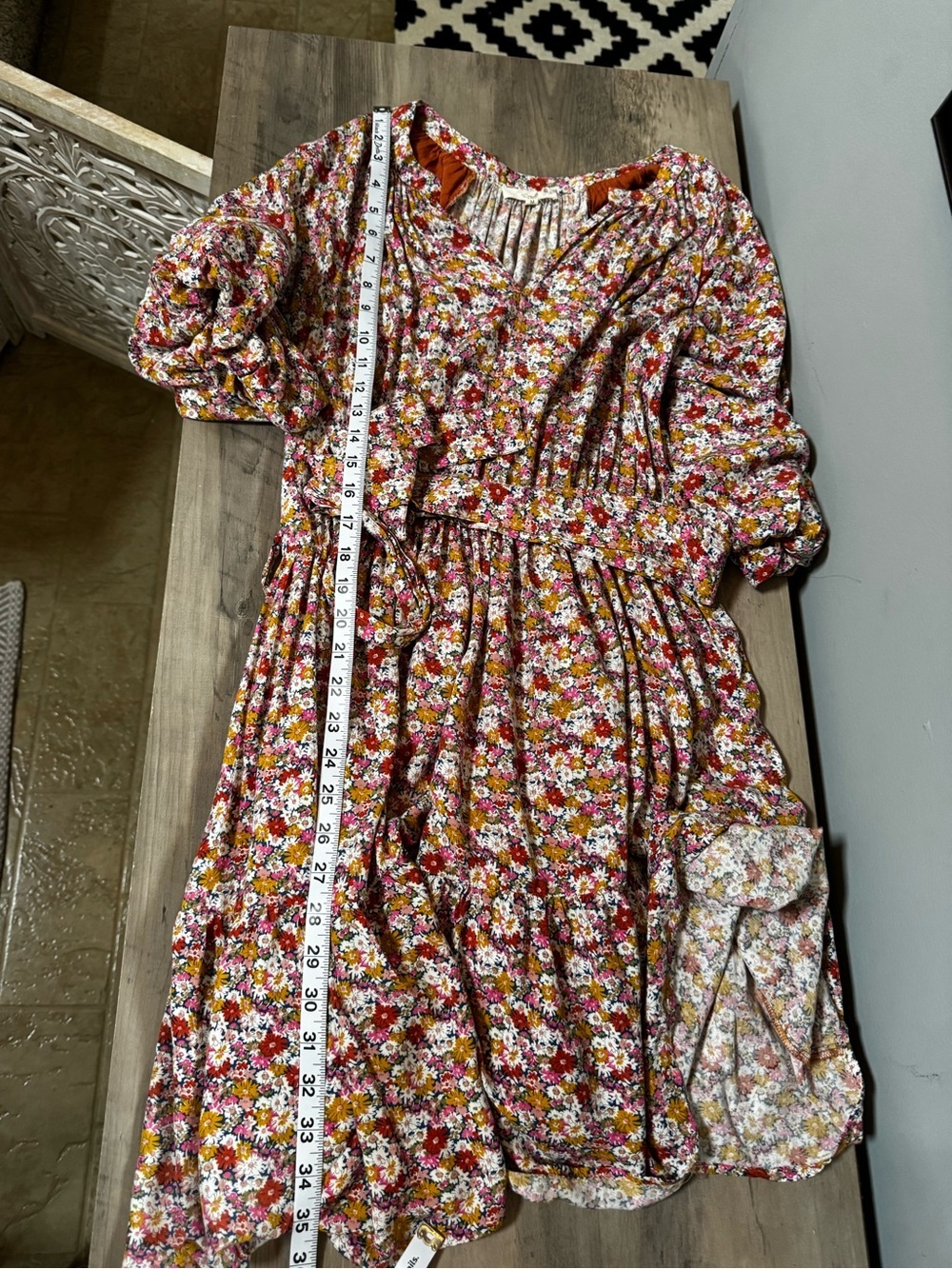 easel Floral Puff-Sleeve Midi Dress in Pink & Orange - Picture 8 of 10